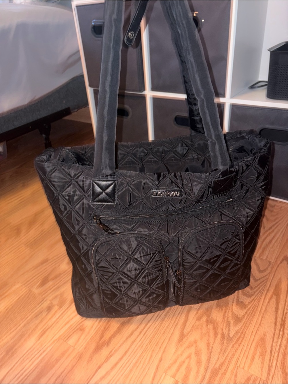 Joan & David Quilted Black Tote with Front Zip Pockets